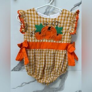 LIL CACTUS Plaid Pumpkin Kids Onesie with Orange Bows
